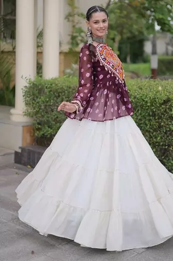women navratri bandhani lehenga choli - cotton flair with kutchi gamthi patchwork - free size