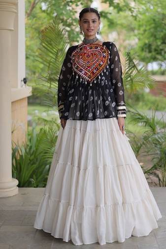 women navratri bandhani lehenga choli - cotton flair with kutchi gamthi patchwork - free size