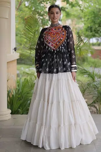 women navratri bandhani lehenga choli - cotton flair with kutchi gamthi patchwork - free size