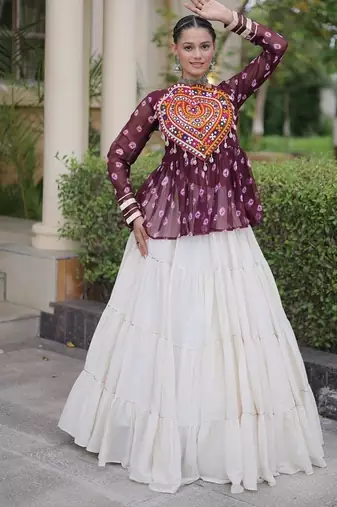 women navratri bandhani lehenga choli - cotton flair with kutchi gamthi patchwork - free size