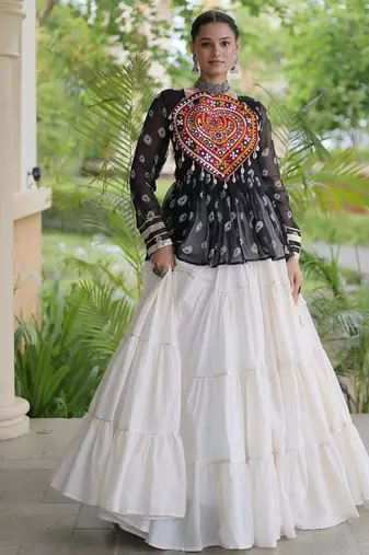 women navratri bandhani lehenga choli - cotton flair with kutchi gamthi patchwork - free size