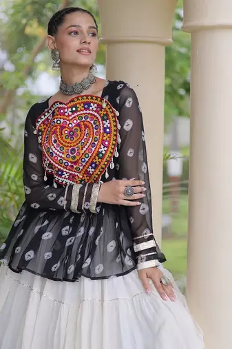 women navratri bandhani lehenga choli - cotton flair with kutchi gamthi patchwork - free size