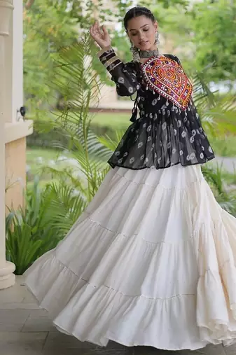 women navratri bandhani lehenga choli - cotton flair with kutchi gamthi patchwork - free size