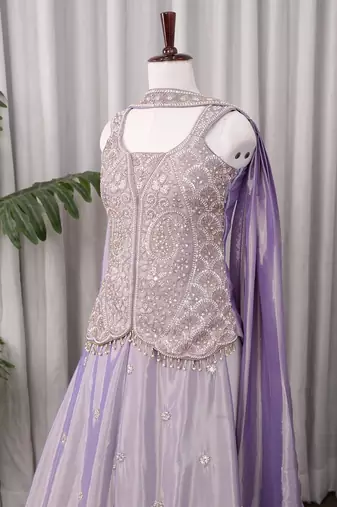 Lavender silk embroidered wide-leg sharara set for wedding