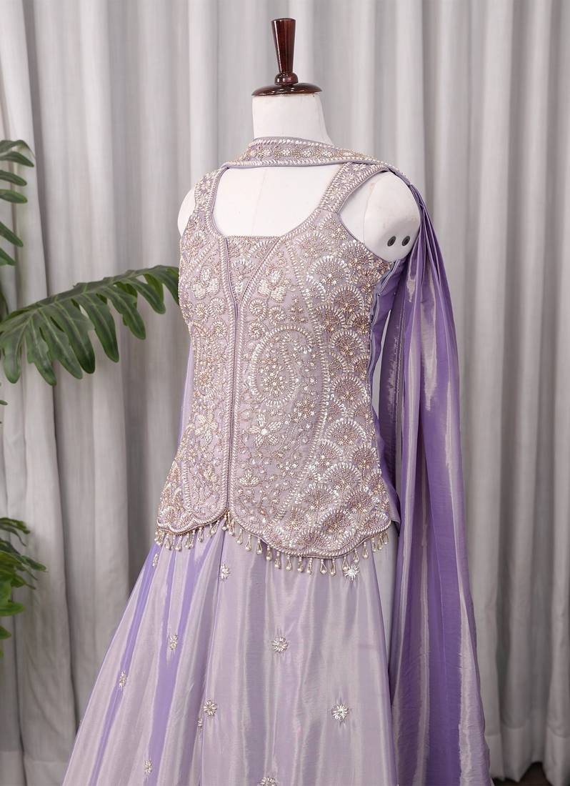 Lavender silk embroidered wide-leg sharara set for wedding