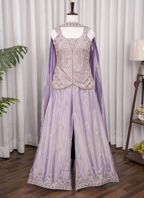 Lavender silk embroidered wide-leg sharara set for wedding 3
