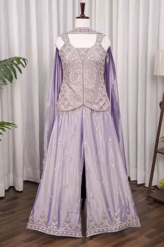 Lavender silk embroidered wide-leg sharara set for wedding