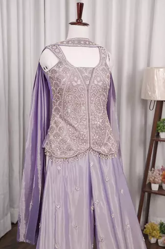 Lavender silk embroidered wide-leg sharara set for wedding