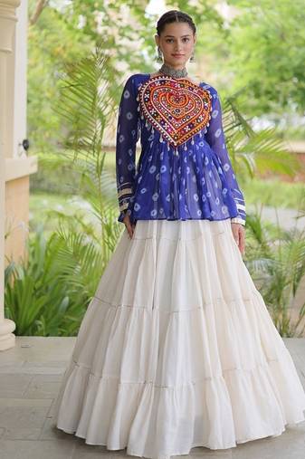 women navratri bandhani lehenga choli - cotton flair with kutchi gamthi patchwork - free size