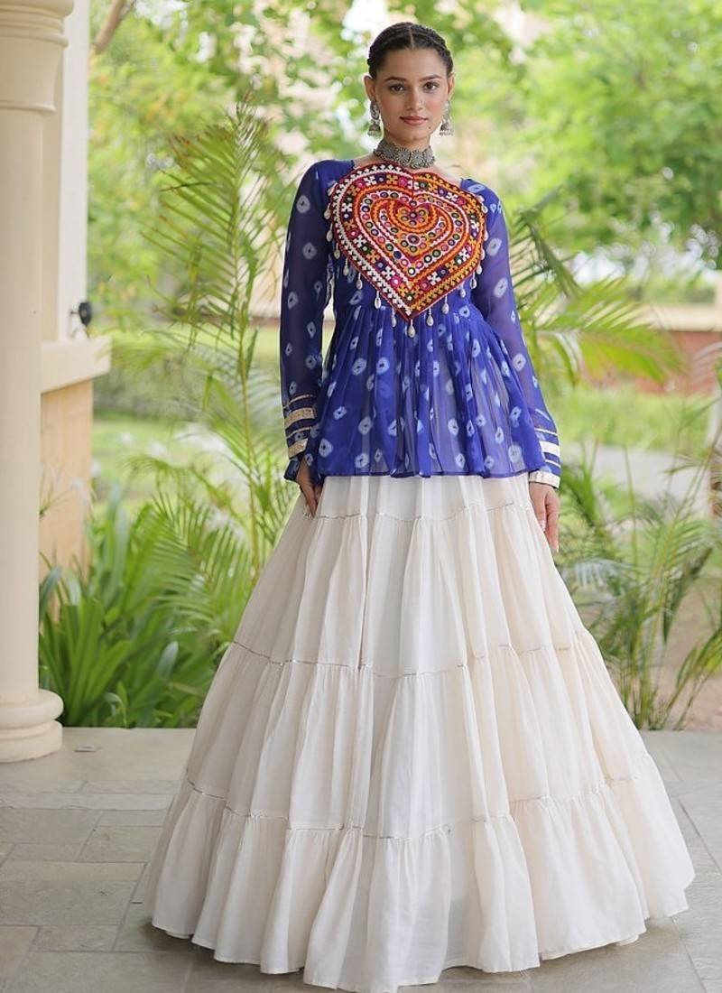 women navratri bandhani lehenga choli - cotton flair with kutchi gamthi patchwork - free size