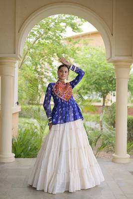 women navratri bandhani lehenga choli - cotton flair with kutchi gamthi patchwork - free size 3