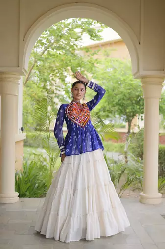 women navratri bandhani lehenga choli - cotton flair with kutchi gamthi patchwork - free size