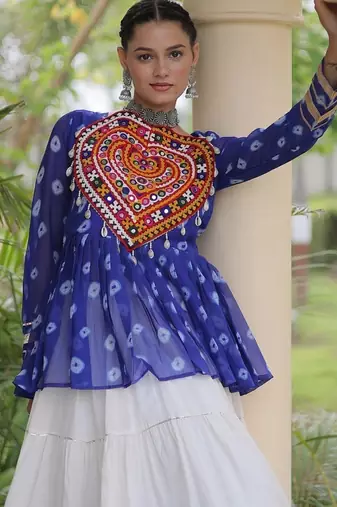 women navratri bandhani lehenga choli - cotton flair with kutchi gamthi patchwork - free size