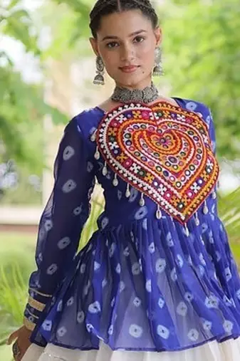 women navratri bandhani lehenga choli - cotton flair with kutchi gamthi patchwork - free size