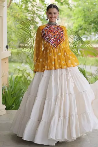 women navratri bandhani lehenga choli - cotton flair with kutchi gamthi patchwork - free size