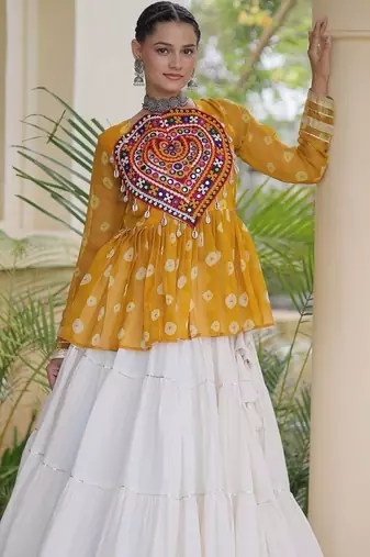 women navratri bandhani lehenga choli - cotton flair with kutchi gamthi patchwork - free size