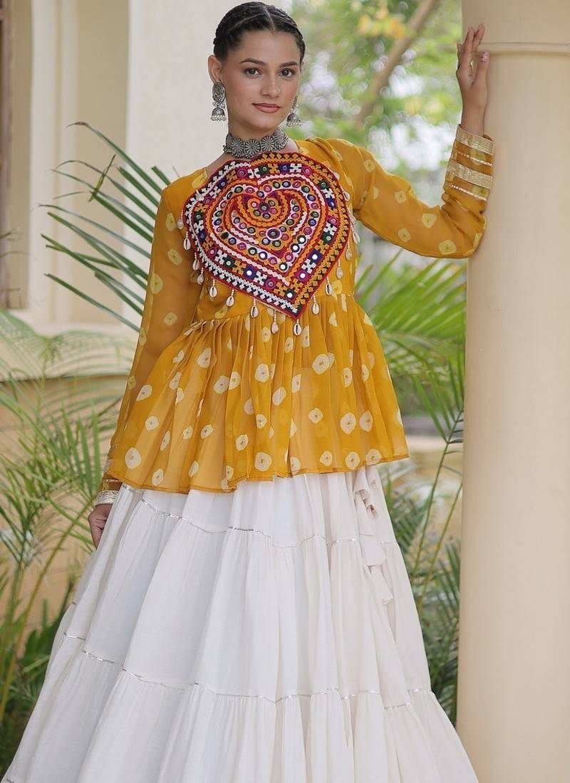 women navratri bandhani lehenga choli - cotton flair with kutchi gamthi patchwork - free size
