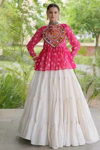 women navratri bandhani lehenga choli - cotton flair with kutchi gamthi patchwork - free size