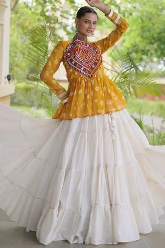 women navratri bandhani lehenga choli - cotton flair with kutchi gamthi patchwork - free size