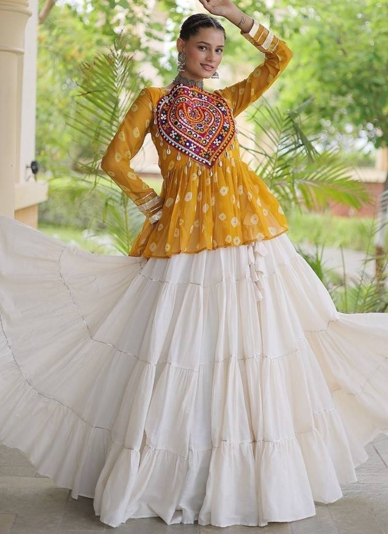 women navratri bandhani lehenga choli - cotton flair with kutchi gamthi patchwork - free size