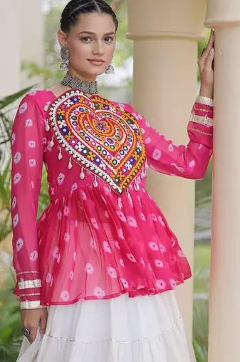 women navratri bandhani lehenga choli - cotton flair with kutchi gamthi patchwork - free size
