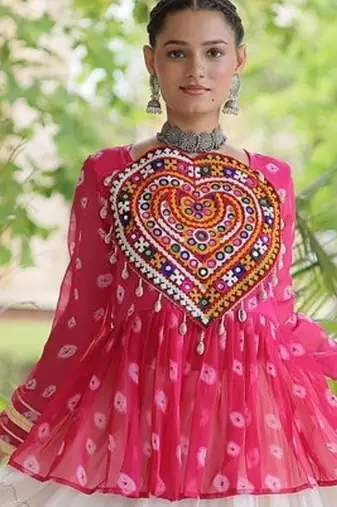 women navratri bandhani lehenga choli - cotton flair with kutchi gamthi patchwork - free size