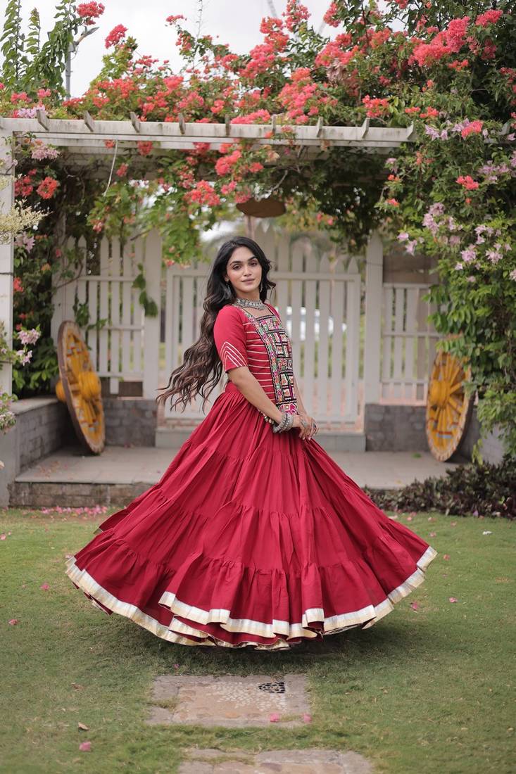 women cotton lehenga choli with kutchi patchwork -full stitched flair - free size