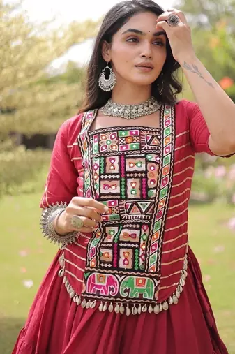 women cotton lehenga choli with kutchi patchwork -full stitched flair - free size