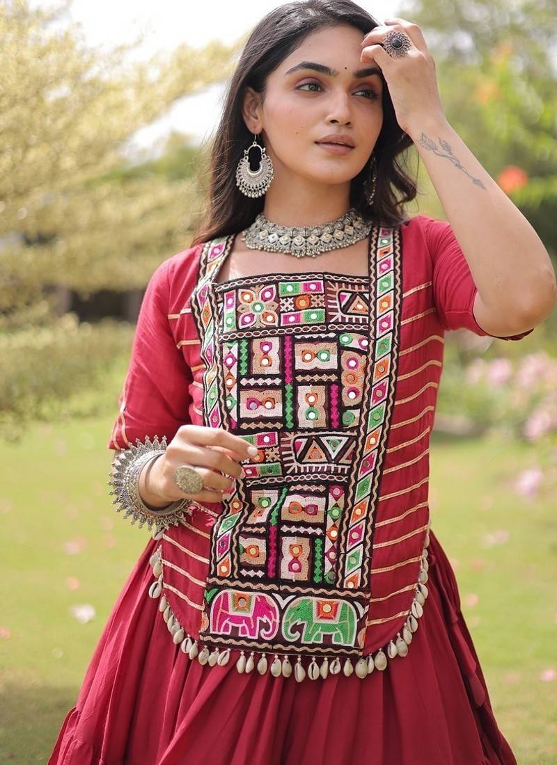 women cotton lehenga choli with kutchi patchwork -full stitched flair - free size