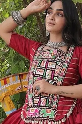 women cotton lehenga choli with kutchi patchwork -full stitched flair - free size