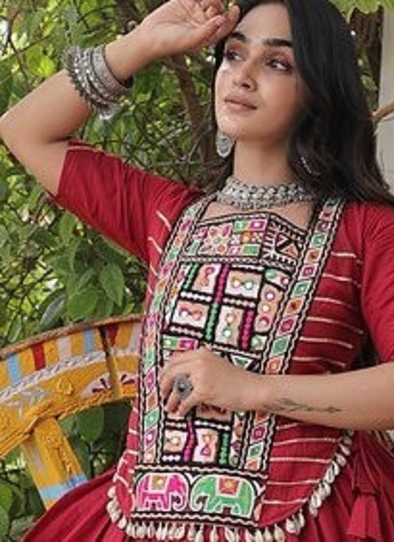 women cotton lehenga choli with kutchi patchwork -full stitched flair - free size