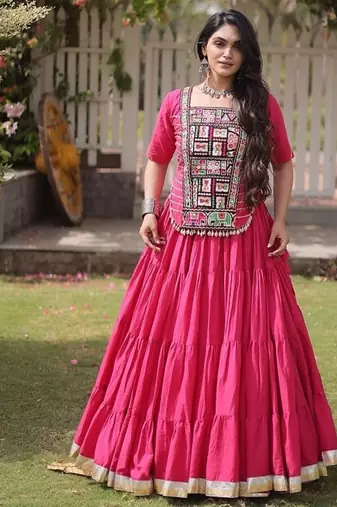 women cotton lehenga choli with kutchi patchwork -full stitched flair - free size