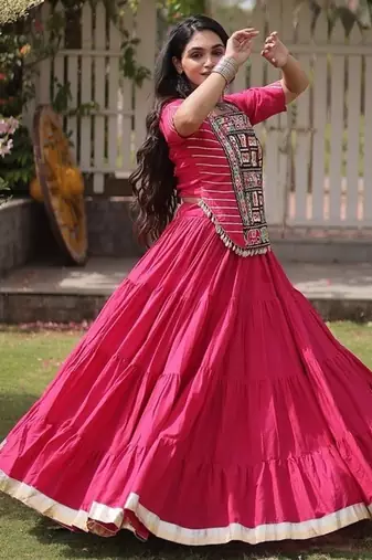 women cotton lehenga choli with kutchi patchwork -full stitched flair - free size