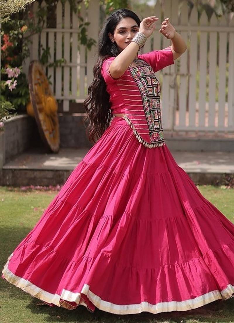 women cotton lehenga choli with kutchi patchwork -full stitched flair - free size