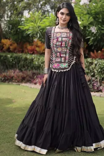 women cotton lehenga choli with kutchi patchwork -full stitched flair - free size