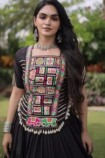 women cotton lehenga choli with kutchi patchwork -full stitched flair - free size