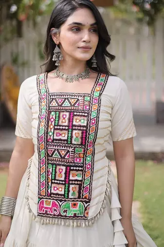 women cotton lehenga choli with kutchi patchwork -full stitched flair - free size