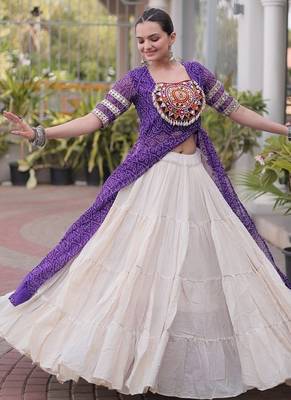 women bandhani print cotton lehenga choli with kutchi patchwork - free size 2