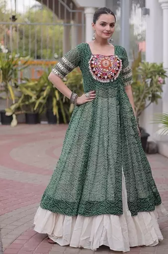 women bandhani print cotton lehenga choli with kutchi patchwork - free size