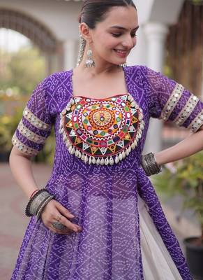 women bandhani print cotton lehenga choli with kutchi patchwork - free size 4