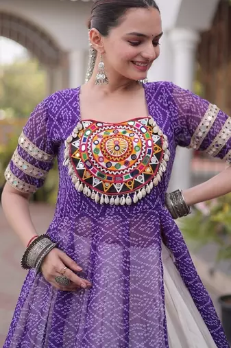 women bandhani print cotton lehenga choli with kutchi patchwork - free size