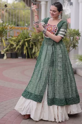 women bandhani print cotton lehenga choli with kutchi patchwork - free size