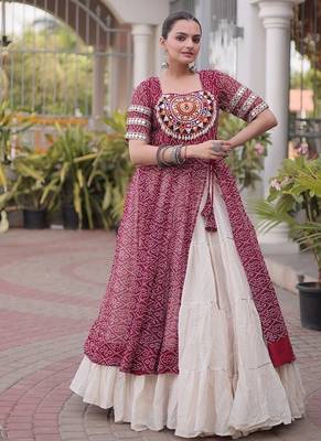 women bandhani print cotton lehenga choli with kutchi patchwork - free size 1