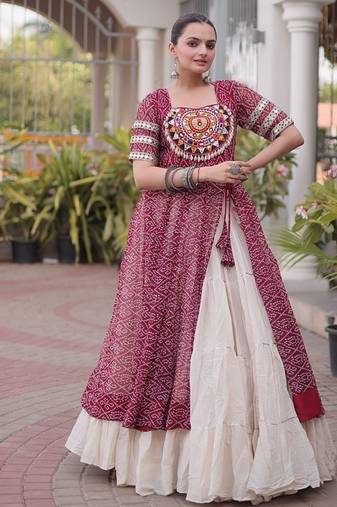 women bandhani print cotton lehenga choli with kutchi patchwork - free size