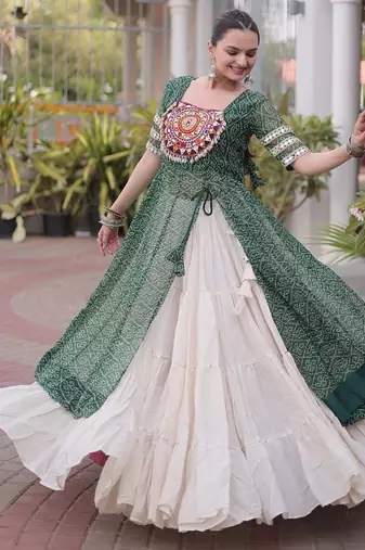 women bandhani print cotton lehenga choli with kutchi patchwork - free size
