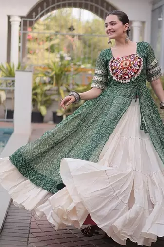 women bandhani print cotton lehenga choli with kutchi patchwork - free size