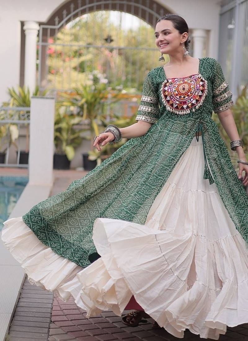 women bandhani print cotton lehenga choli with kutchi patchwork - free size