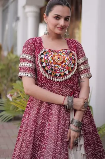 women bandhani print cotton lehenga choli with kutchi patchwork - free size