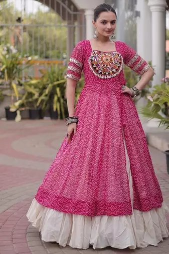 women bandhani print cotton lehenga choli with kutchi patchwork - free size