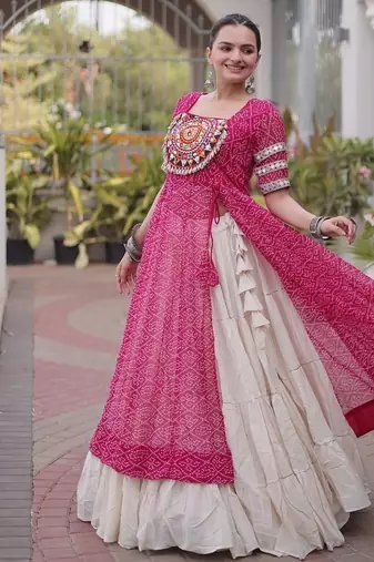 women bandhani print cotton lehenga choli with kutchi patchwork - free size